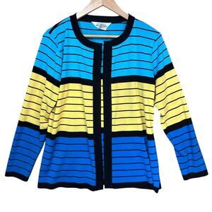 Misook Women’s Blue Yellow‎ Black Striped Acrylic Open Cardigan Sweater Small
